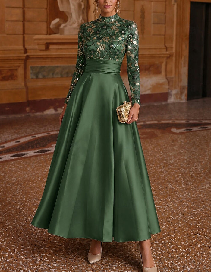 Satin High Neck Long Sleeve Sequin Lace Maxi Dress