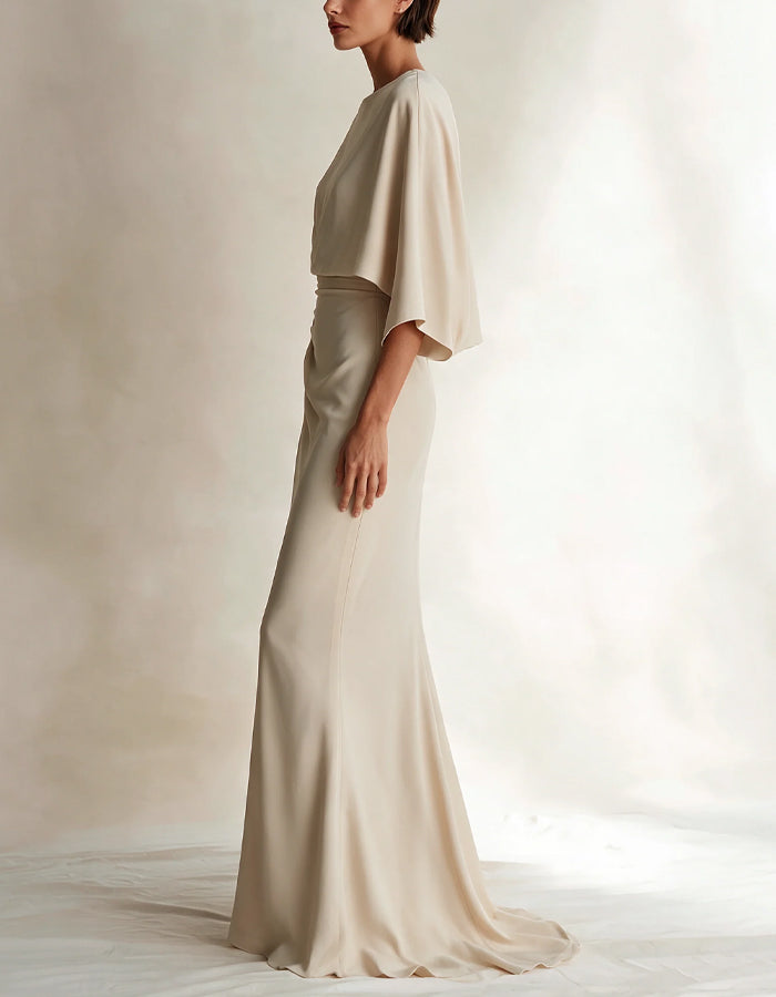 Cremefarbenes Fischschwanz-Maxikleid mit Schalkragenärmeln