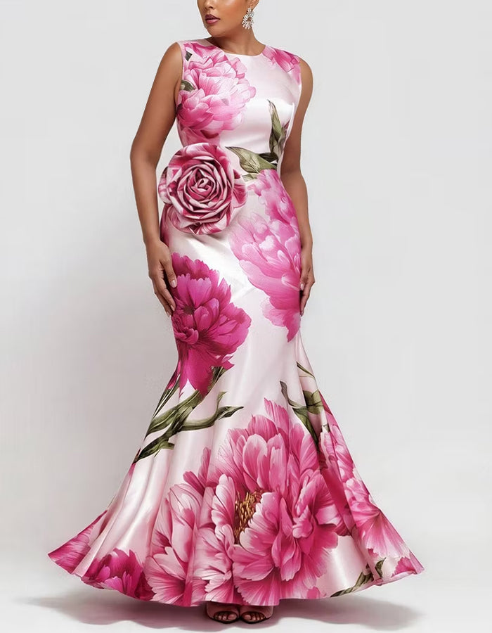 Roséfarbenes ärmelloses Satin-Maxikleid mit Blumenmuster