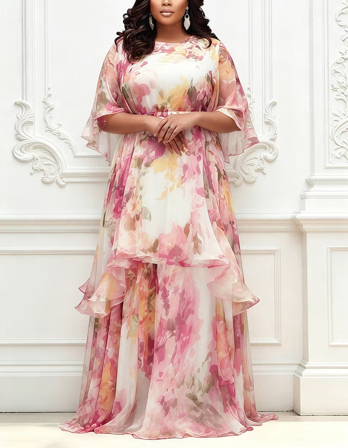 Maxikleid aus Chiffon mit rosa Aquarell-Blumenmuster, Rundhalsausschnitt und Lagen