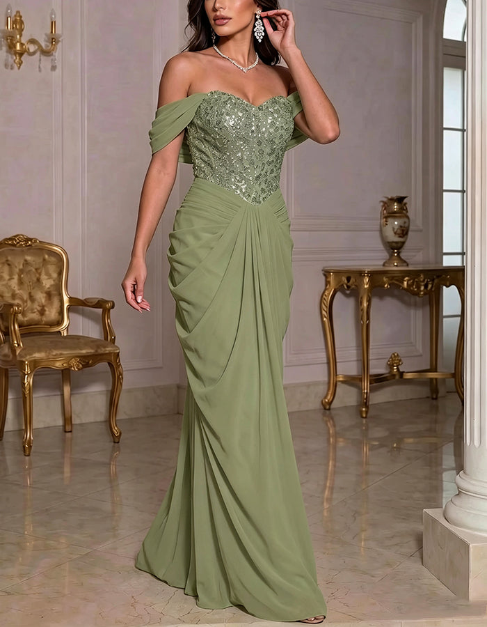 Maxikleid aus Chiffon mit schulterfreiem Schnitt, Pailletten und einfarbigem Design