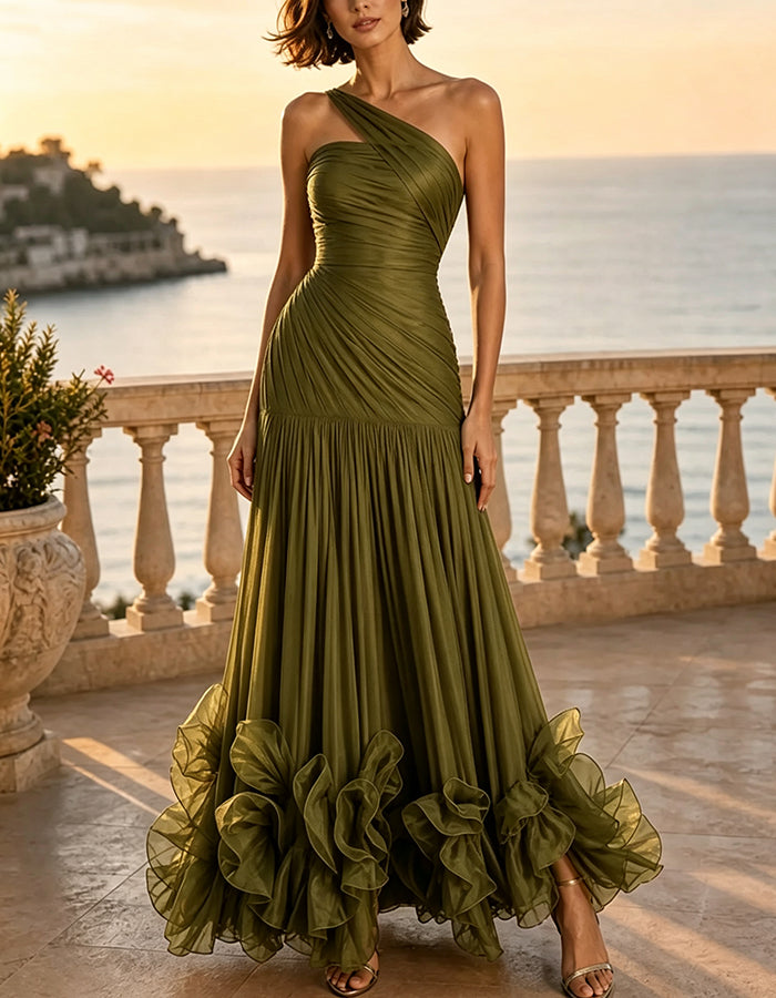 Vestido maxi de chiffon de um ombro só, com pregas, folho 3D e bainha com folhos