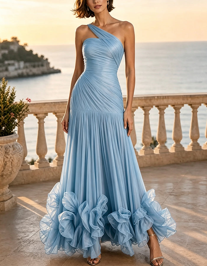 Vestido maxi de chiffon de um ombro só, com pregas, folho 3D e bainha com folhos
