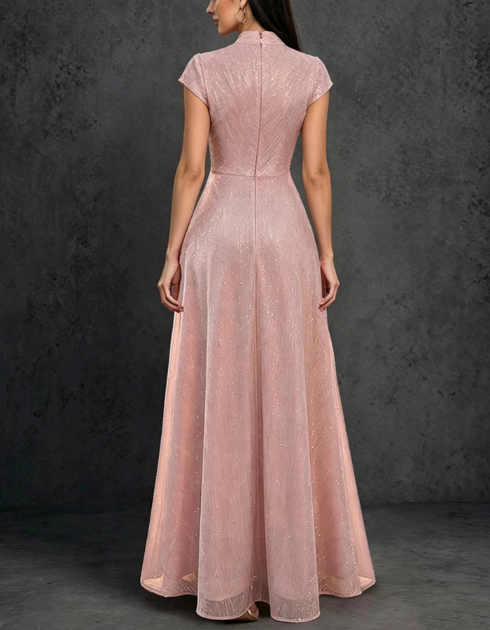 Vestido maxi formal comprido com brilho Lurex rosa velho, gola subida, decote em V e efeito envelope