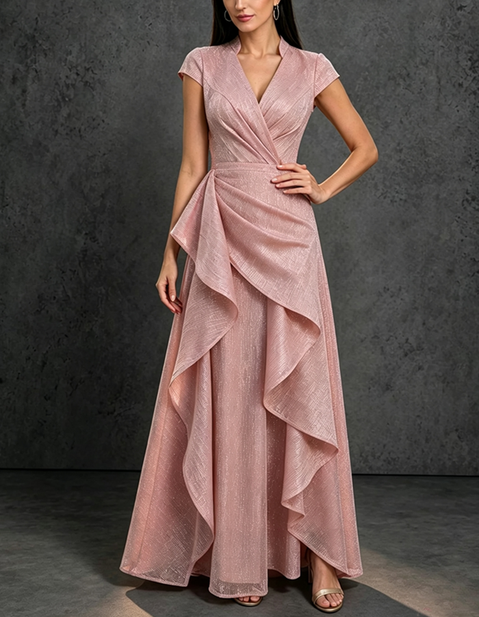 Vestido maxi formal comprido com brilho Lurex rosa velho, gola subida, decote em V e efeito envelope