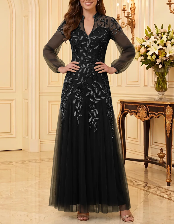 Teal Stand‑Collar V‑Neck Long‑Balloon‑Sleeve Floral‑Sequin‑Appliqué Tulle A‑Line Maxi Dress