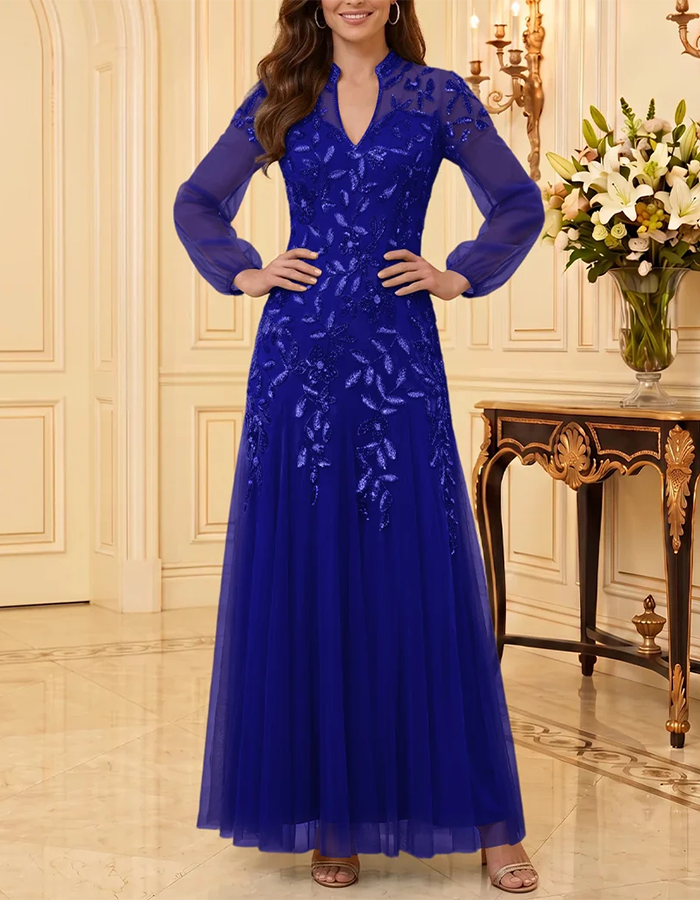 Teal Stand‑Collar V‑Neck Long‑Balloon‑Sleeve Floral‑Sequin‑Appliqué Tulle A‑Line Maxi Dress