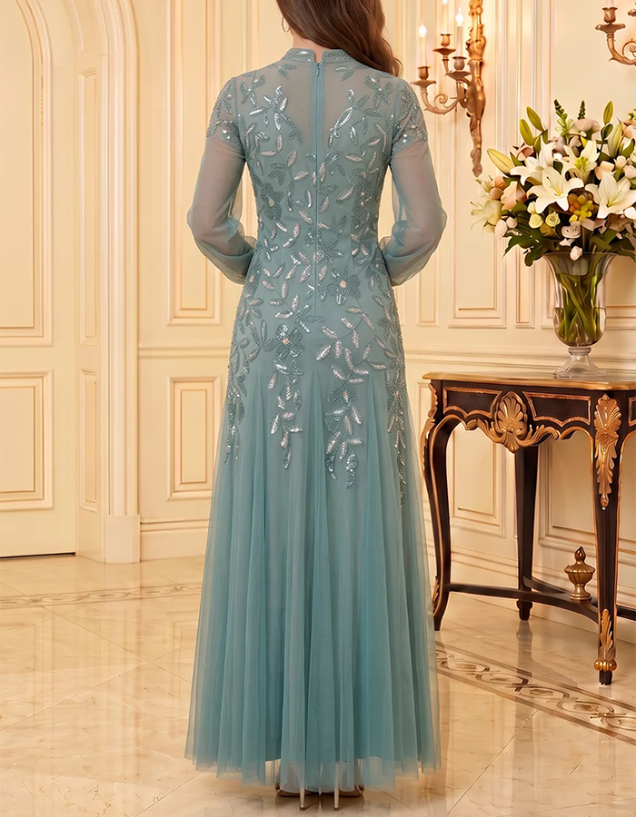 Robe longue maxi trapèze en tulle, bleu sarcelle, à col montant, encolure en V, manches longues bouffantes et appliqué floral en sequins