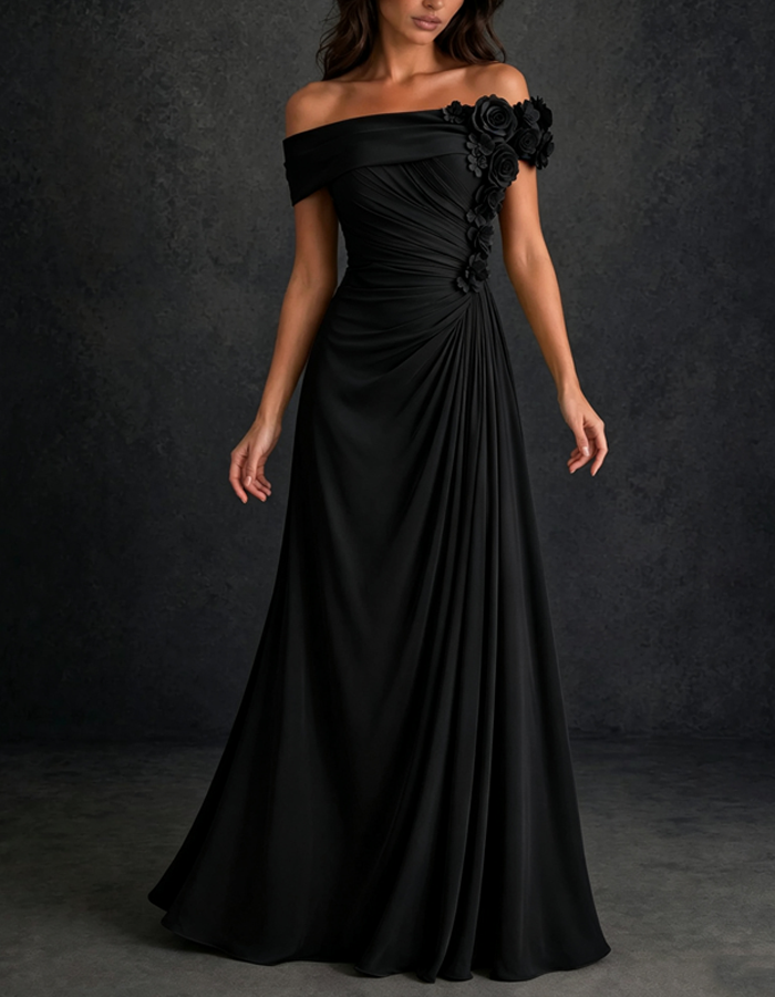Off‑the‑Shoulder 3D Floral Appliqué Draped Ruched Floor‑Length Maxi Dress