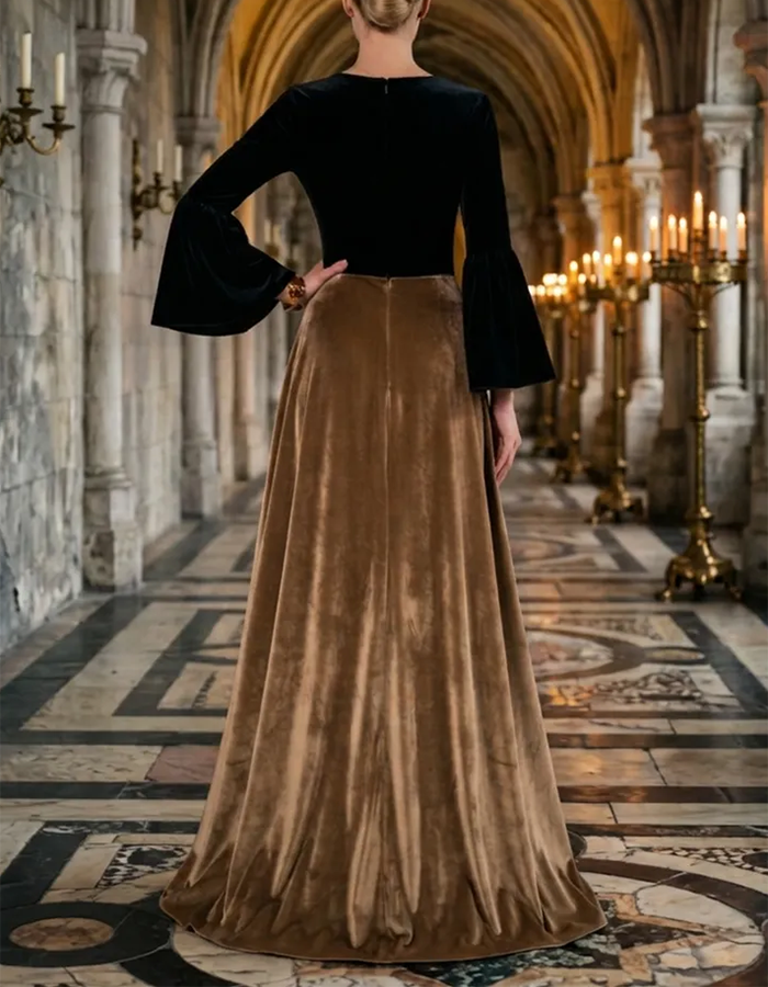 Black‑Taupe Round‑Neck Bell‑Long‑Sleeve Two‑Tone Velvet A‑Line Maxi Dress