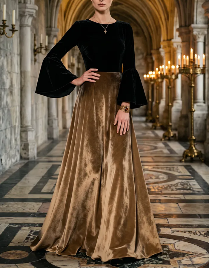 Black‑Taupe Round‑Neck Bell‑Long‑Sleeve Two‑Tone Velvet A‑Line Maxi Dress