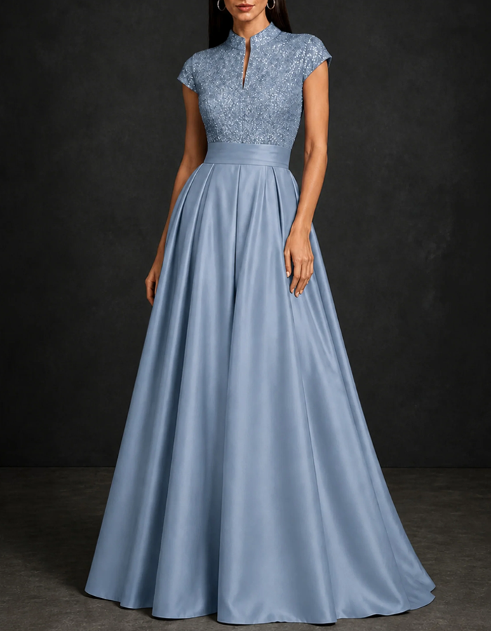 Stand Collar Keyhole Cap Sleeve Sequin Satin Pleated A‑Line Maxi Dress