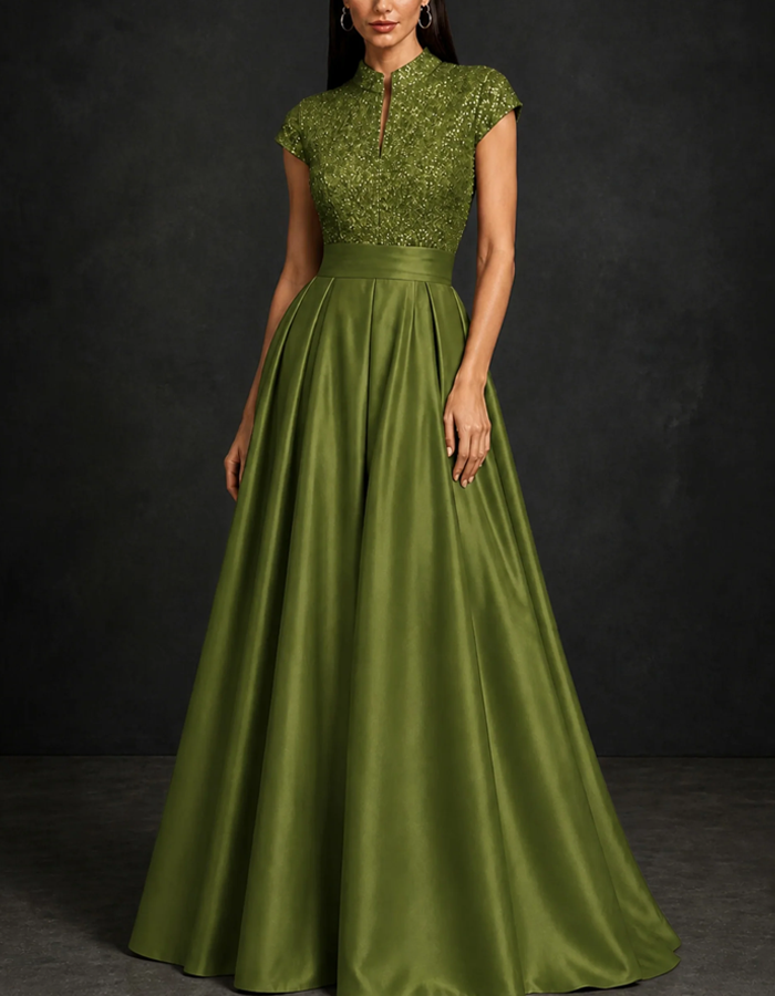 Stand Collar Keyhole Cap Sleeve Sequin Satin Pleated A‑Line Maxi Dress