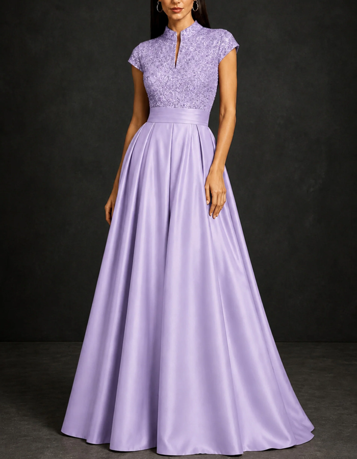 Stand Collar Keyhole Cap Sleeve Sequin Satin Pleated A‑Line Maxi Dress