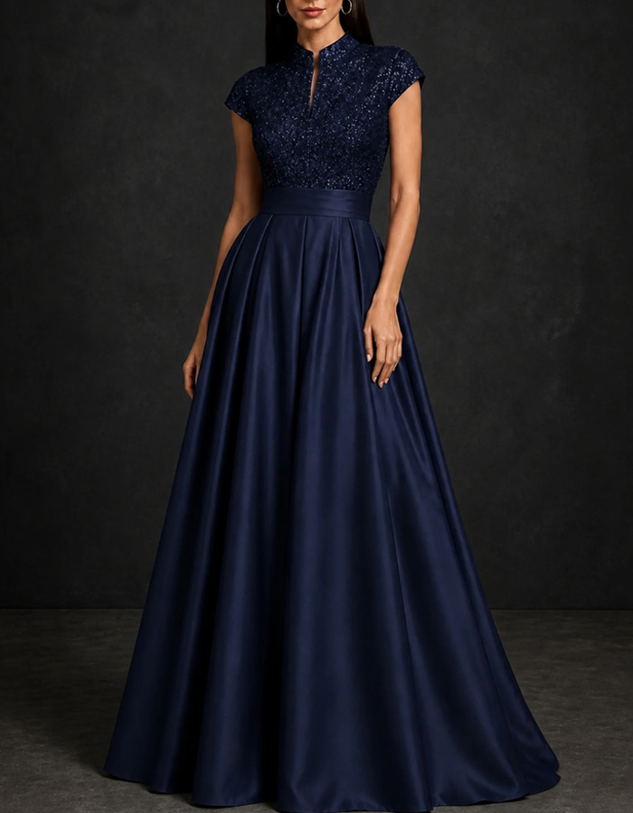Stand Collar Keyhole Cap Sleeve Sequin Satin Pleated A‑Line Maxi Dress