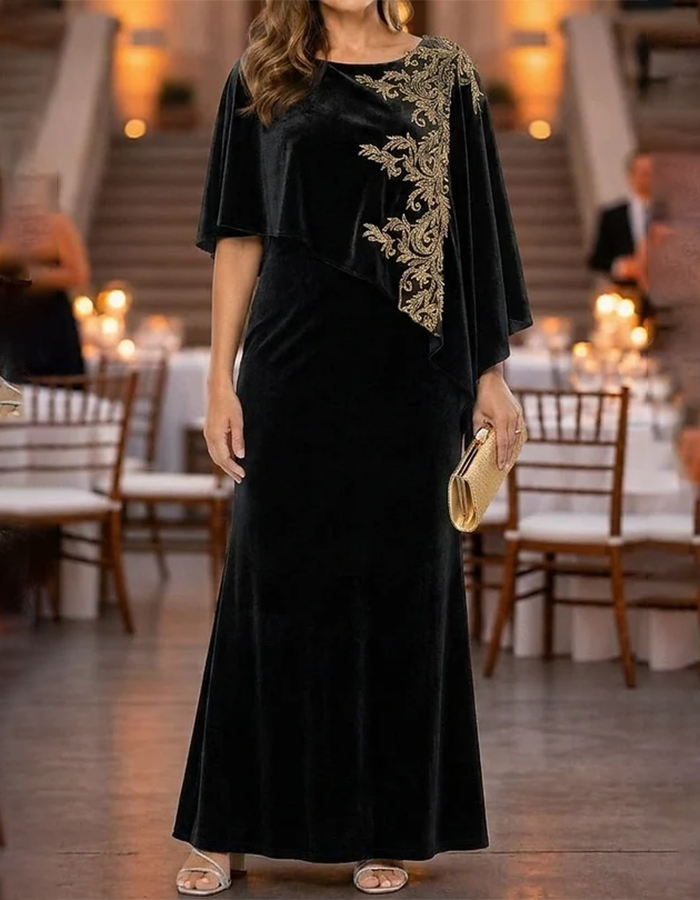 Navy Blue Round‑Neck Cape‑Overlay Sequin‑Embroidered Velvet Maxi Dress