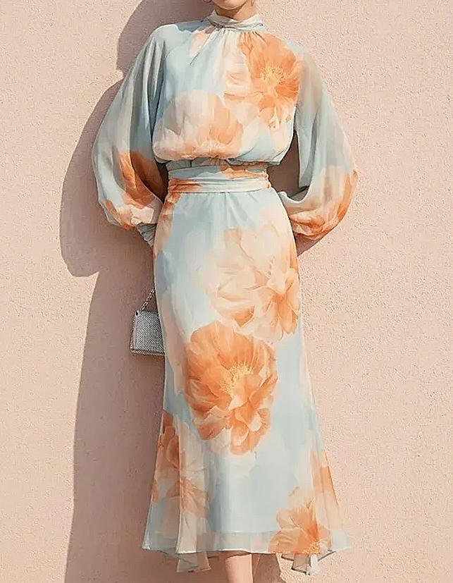 Abito midi in chiffon con stampa floreale, maniche lunghe a palloncino e collo alto