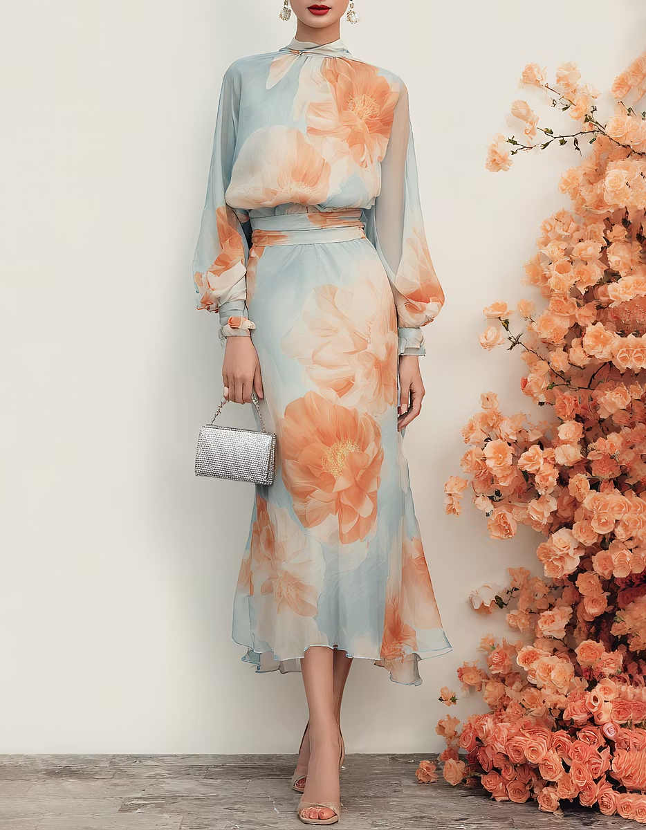 Abito midi in chiffon con stampa floreale, maniche lunghe a palloncino e collo alto