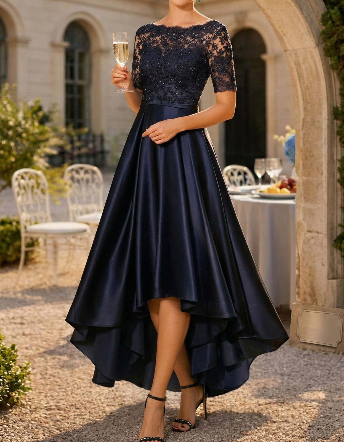 Abito lungo in raso blu navy con pizzo e linea ad A