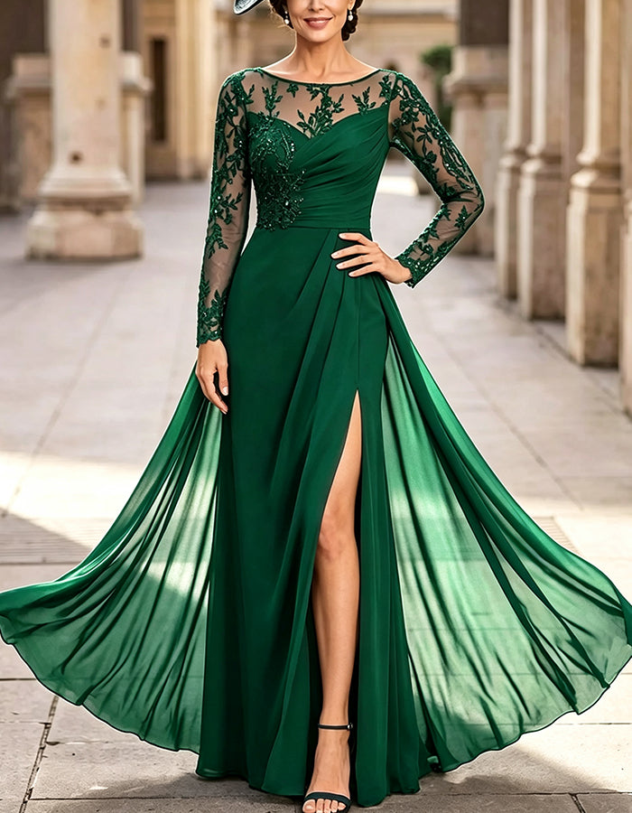 Abito lungo in chiffon con scollo a barchetta, maniche lunghe effetto illusione e pizzo