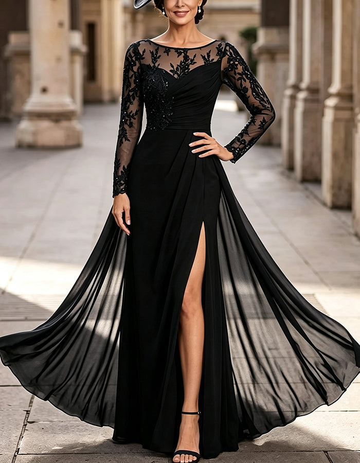 Abito lungo in chiffon con scollo a barchetta, maniche lunghe effetto illusione e pizzo