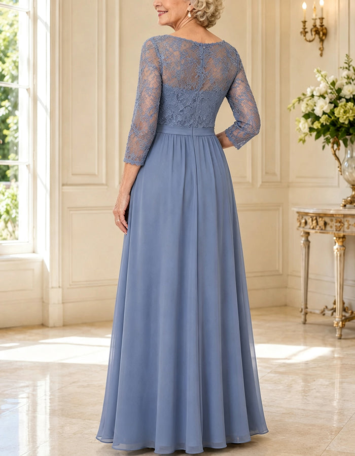 Abito lungo in chiffon a linea A con scollo a barchetta, pizzo e maniche a 3/4