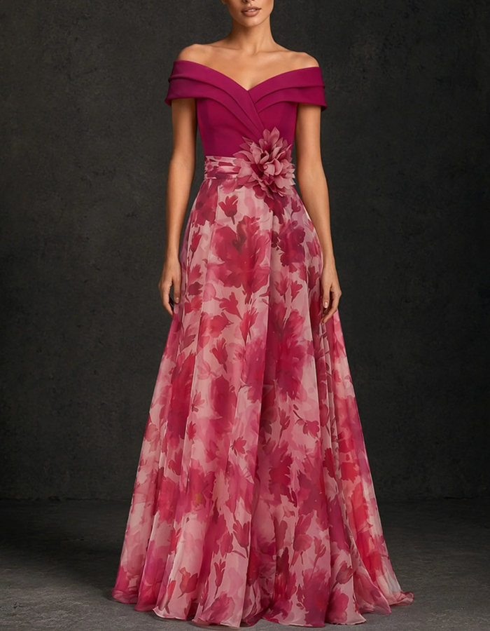 Abito lungo in chiffon con stampa floreale, scollo alla spalle, linea ad A e lunghezza fino al pavimento
