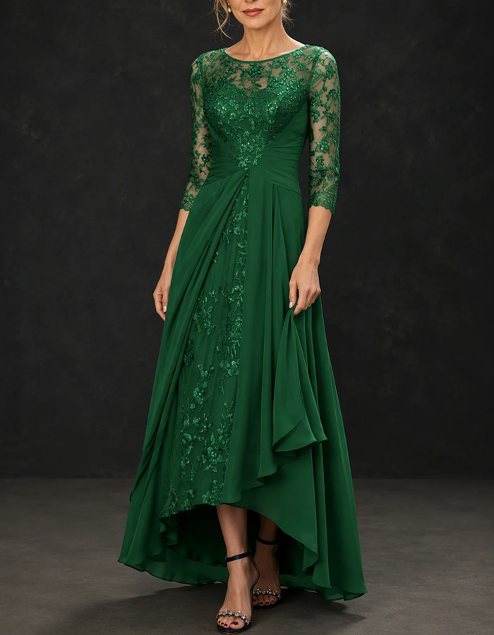 Abito lungo elegante in chiffon con scollo rotondo illusione, maniche a 3/4, pizzo con paillettes e orlo asimmetrico