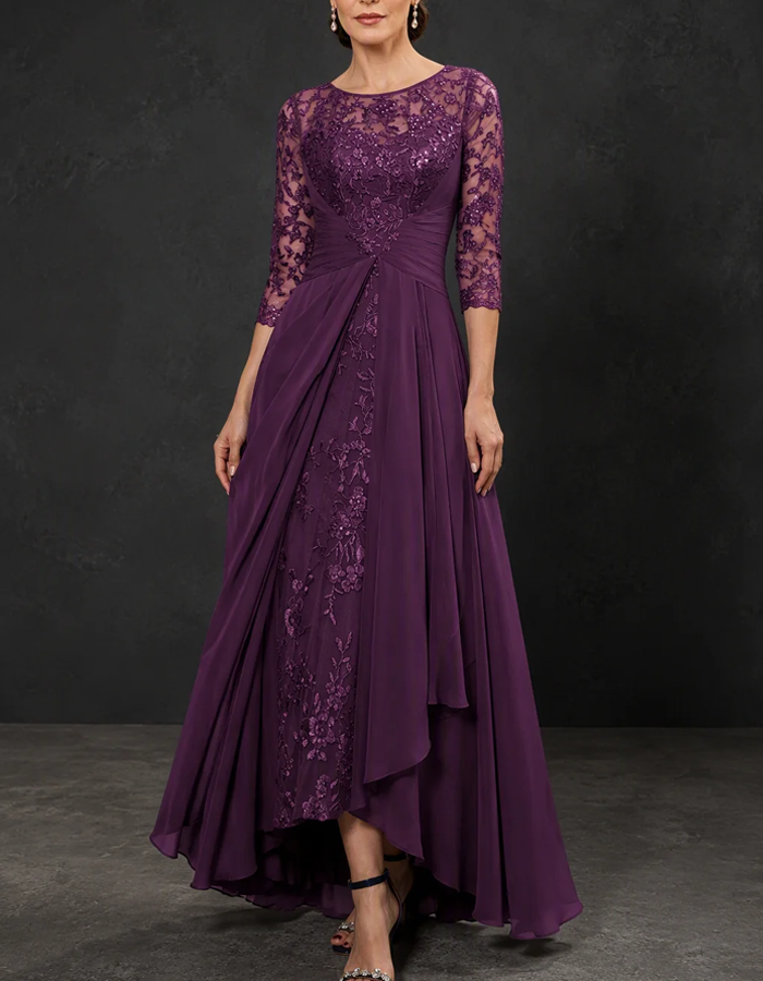 Abito lungo elegante in chiffon con scollo rotondo illusione, maniche a 3/4, pizzo con paillettes e orlo asimmetrico