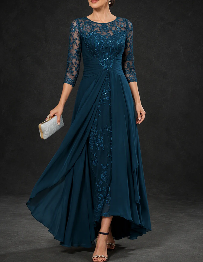 Abito lungo elegante in chiffon con scollo rotondo illusione, maniche a 3/4, pizzo con paillettes e orlo asimmetrico