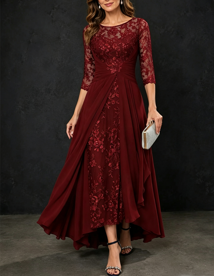 Abito lungo elegante in chiffon con scollo rotondo illusione, maniche a 3/4, pizzo con paillettes e orlo asimmetrico