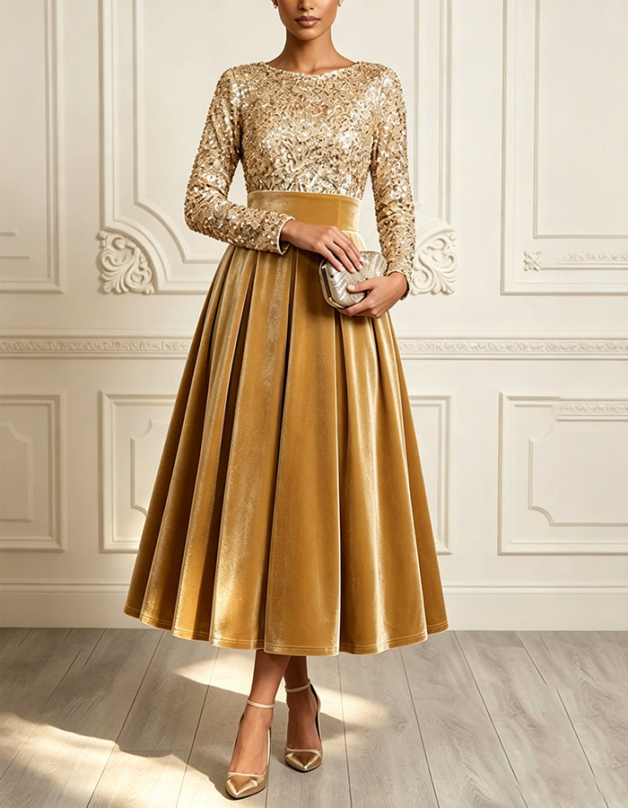 Abito midi in velluto dorato, con scollo rotondo, maniche lunghe e paillettes