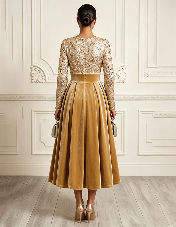 Abito midi in velluto dorato, con scollo rotondo, maniche lunghe e paillettes