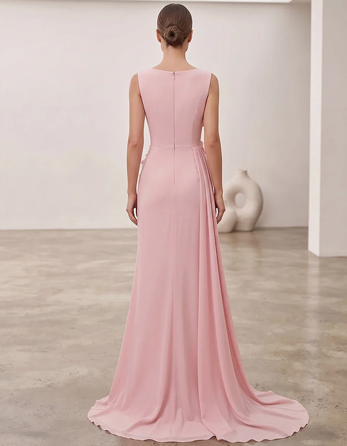 Abito lungo in chiffon senza maniche con scollo profondo a V e fiori 3D