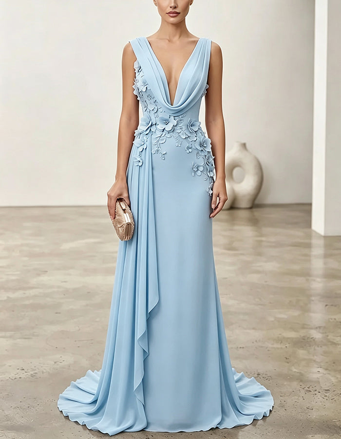Abito lungo in chiffon senza maniche con scollo profondo a V e fiori 3D