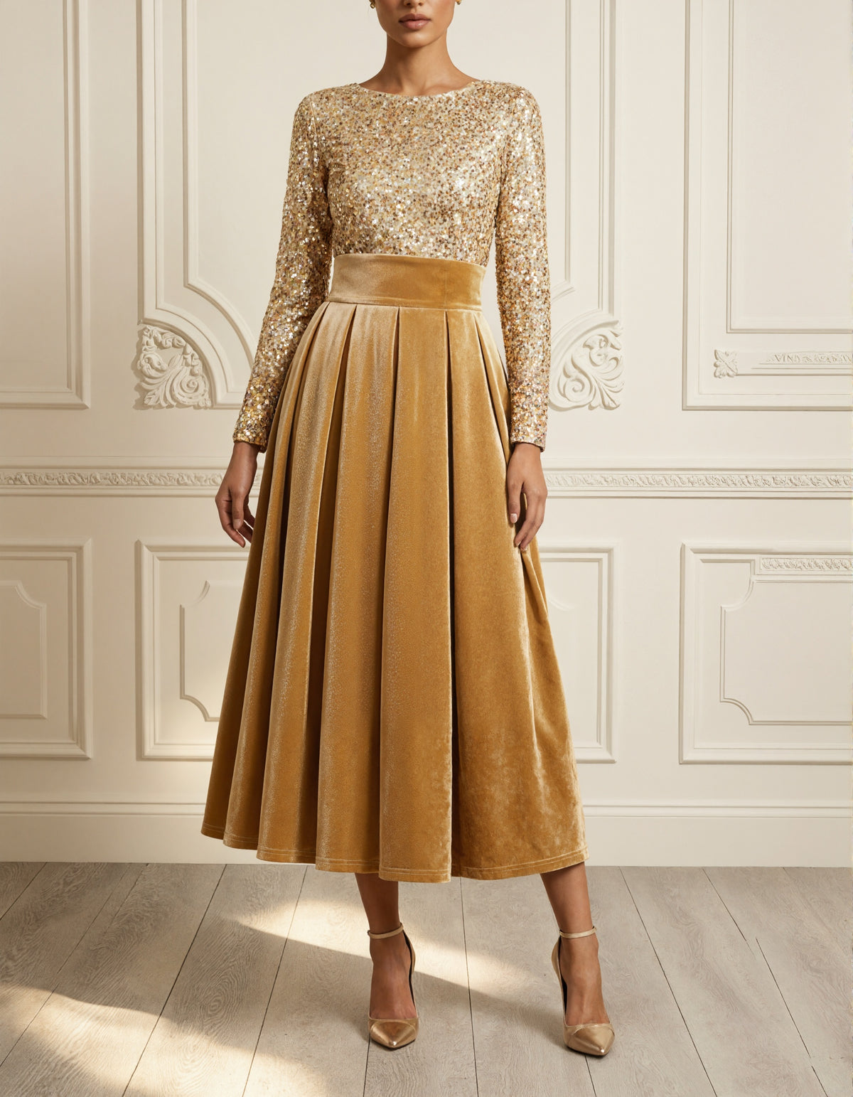 Abito midi in velluto dorato, con scollo rotondo, maniche lunghe e paillettes