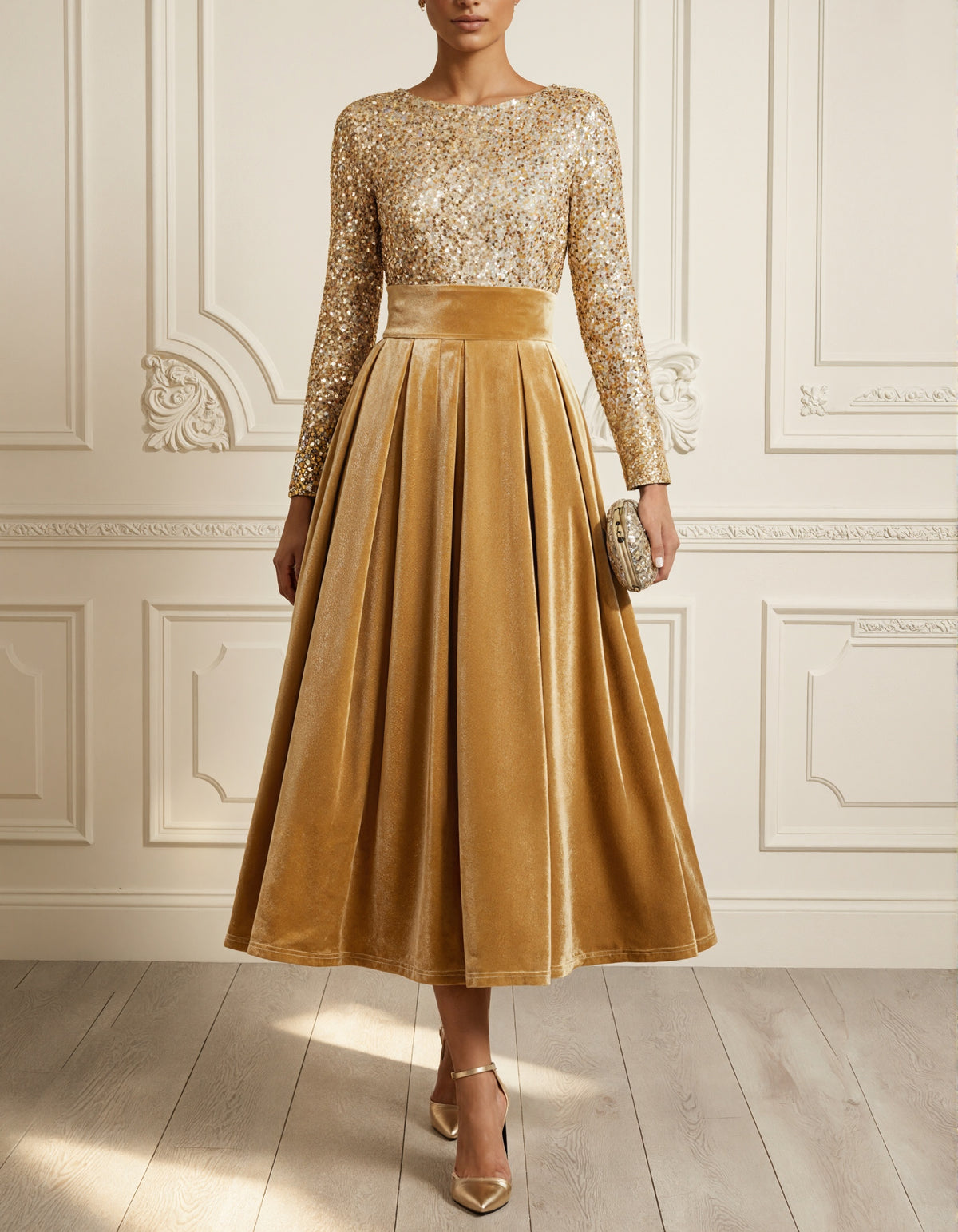 Abito midi in velluto dorato, con scollo rotondo, maniche lunghe e paillettes
