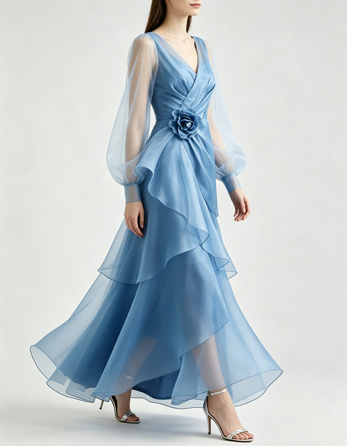 Abito lungo elegante in organza con maniche a sbuffo lunghe, scollo a V, balze e volant