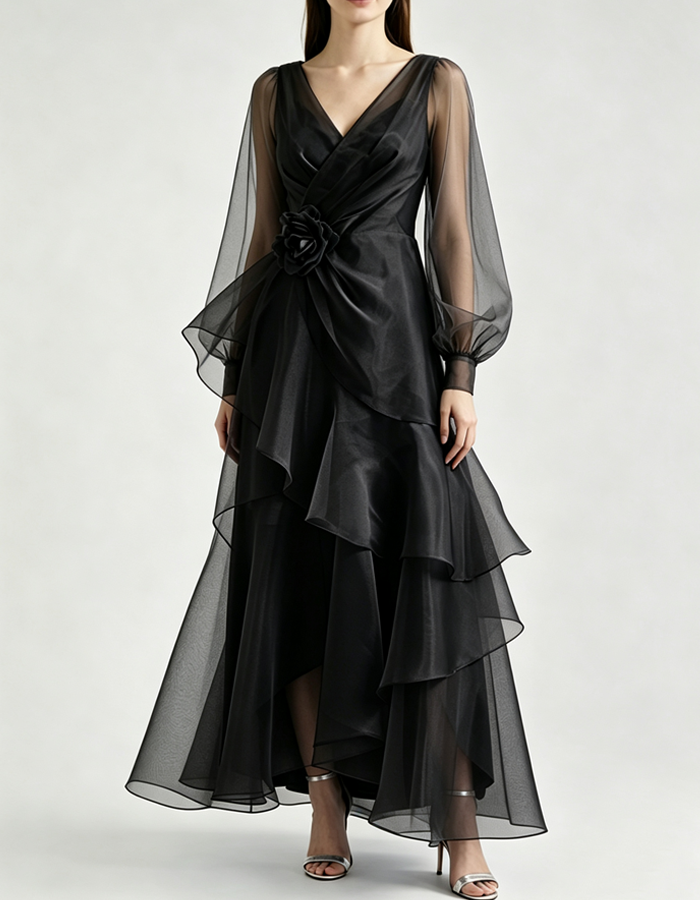 Abito lungo elegante in organza con maniche a sbuffo lunghe, scollo a V, balze e volant