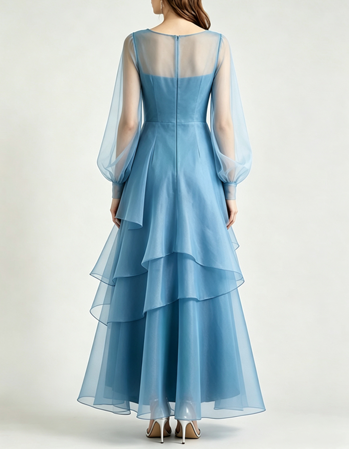Abito lungo elegante in organza con maniche a sbuffo lunghe, scollo a V, balze e volant