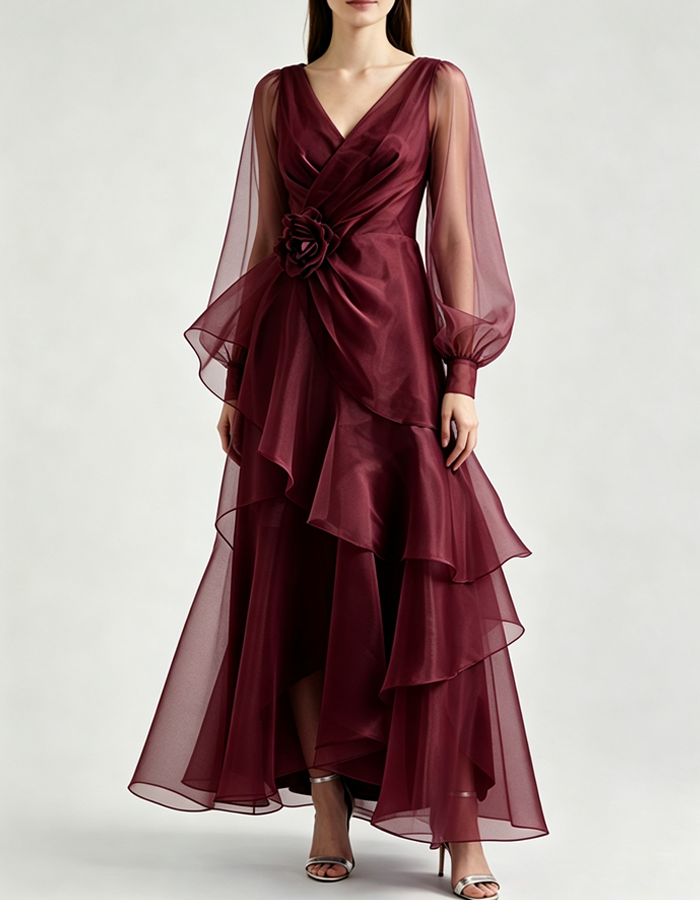 Abito lungo elegante in organza con maniche a sbuffo lunghe, scollo a V, balze e volant