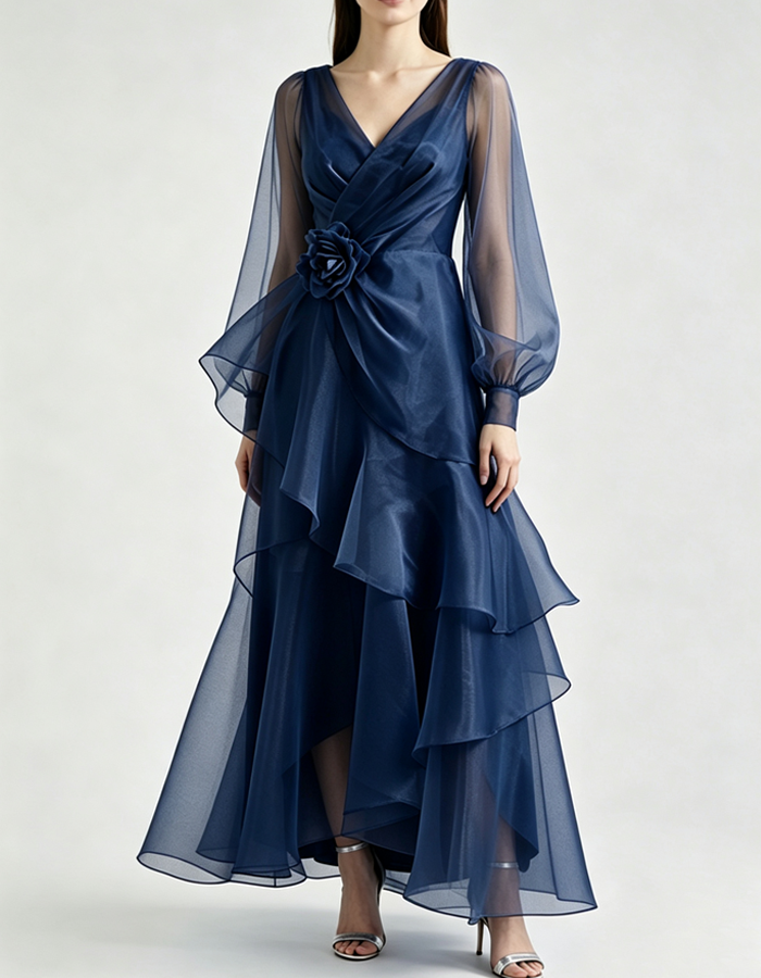 Abito lungo elegante in organza con maniche a sbuffo lunghe, scollo a V, balze e volant