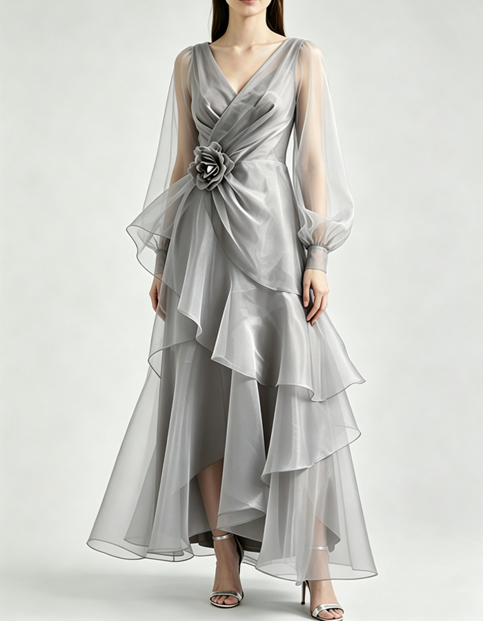 Abito lungo elegante in organza con maniche a sbuffo lunghe, scollo a V, balze e volant