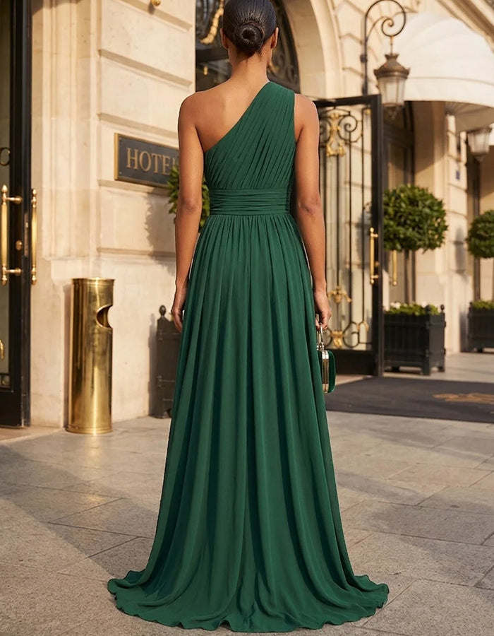 Abito lungo in chiffon arricciato, monospalla, con drappeggio incrociato