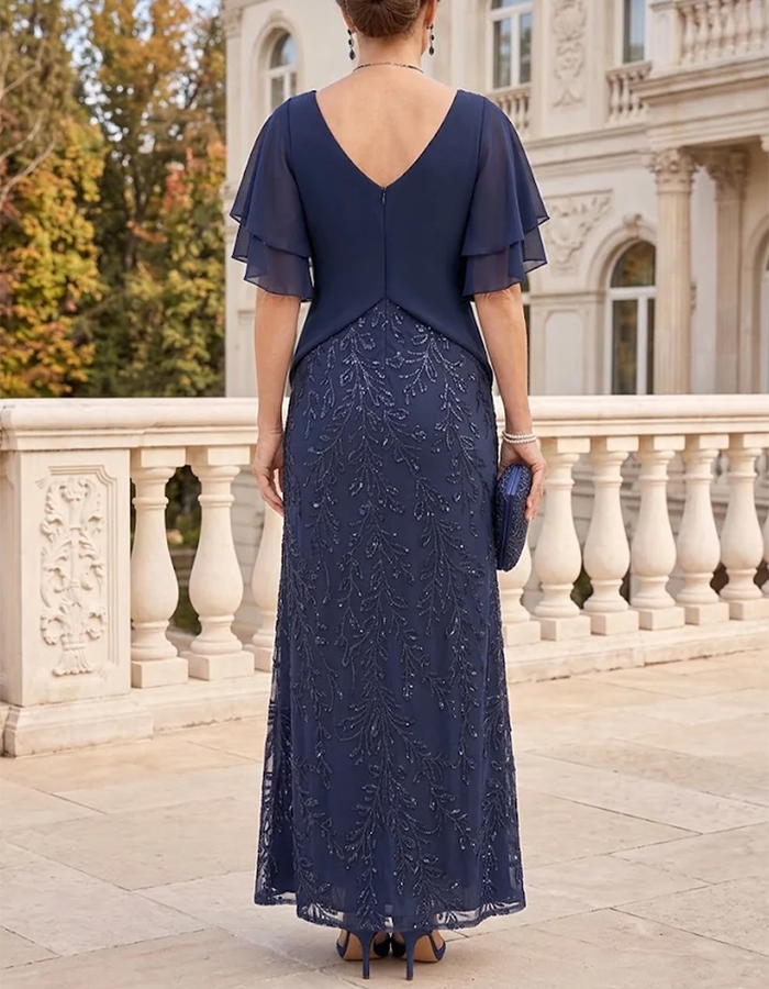 Abito maxi in chiffon con paillettes e ricami a foglie, blu navy, scollo a V, maniche corte svolazzanti, nodo ritorto e sovrapposizione
