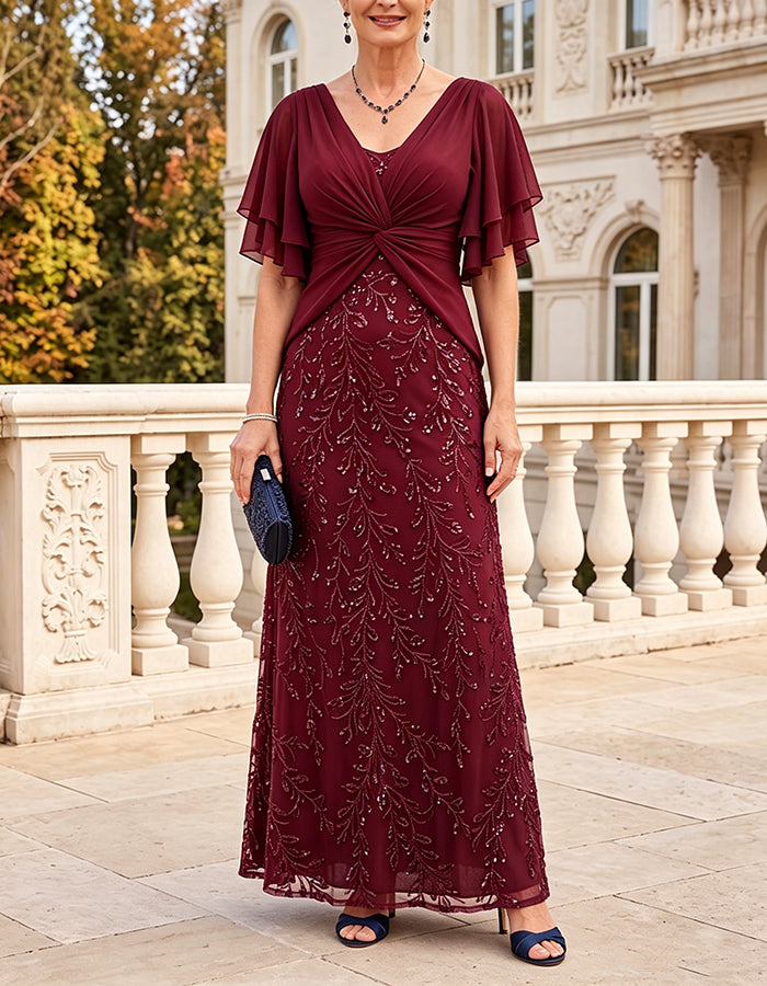 Abito maxi in chiffon con paillettes e ricami a foglie, blu navy, scollo a V, maniche corte svolazzanti, nodo ritorto e sovrapposizione
