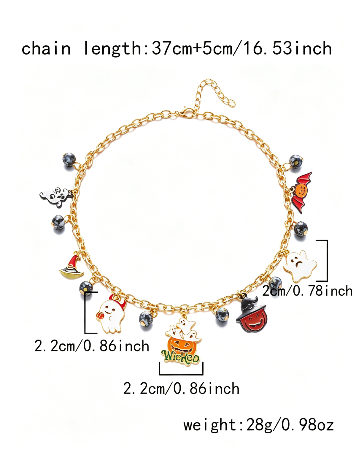 Collana di Halloween con ciondoli multipli: zucca, fantasma, strega e pipistrello con pendenti smaltati