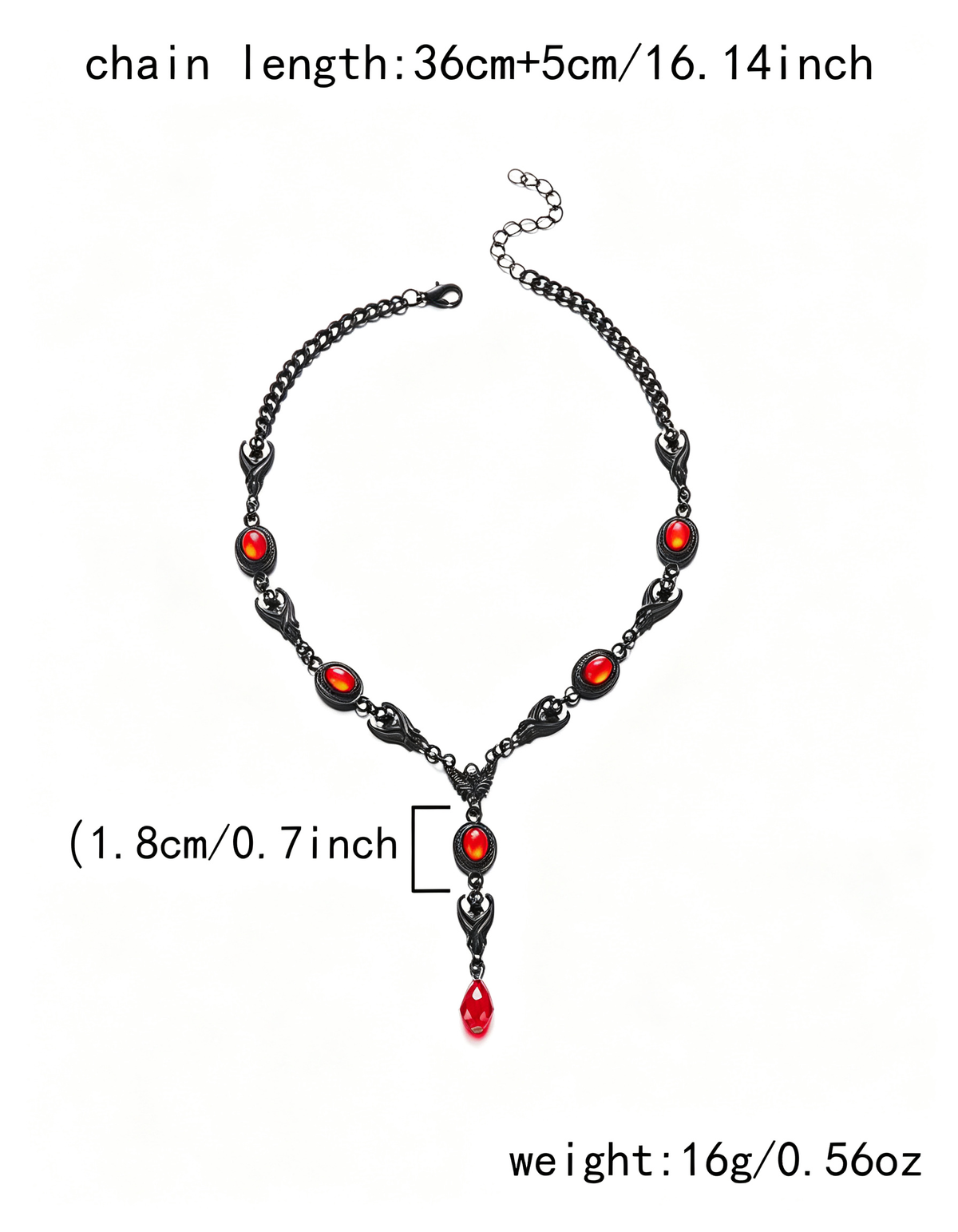 Collana girocollo gotica a Y con pipistrello, pietra rossa e mezzaluna nera