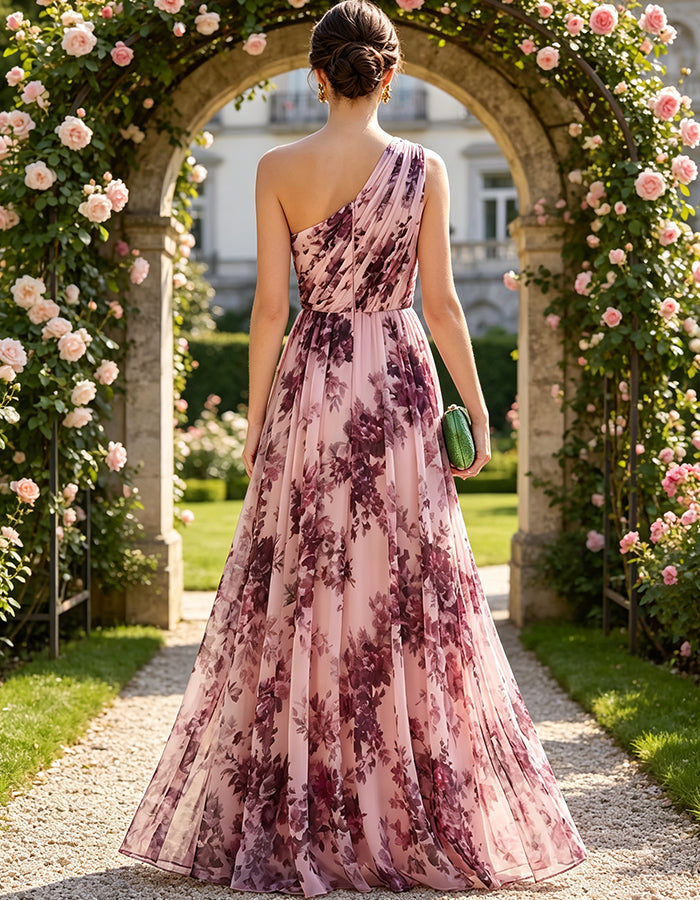 Abito lungo romantico in chiffon viola con motivo floreale, monospalla e linea ad A