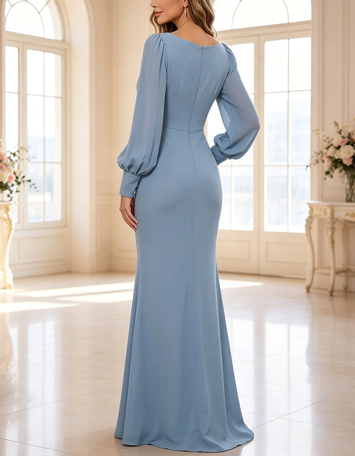 Abito lungo in chiffon con scollo a V incrociato, maniche lunghe a lanterna e arricciature